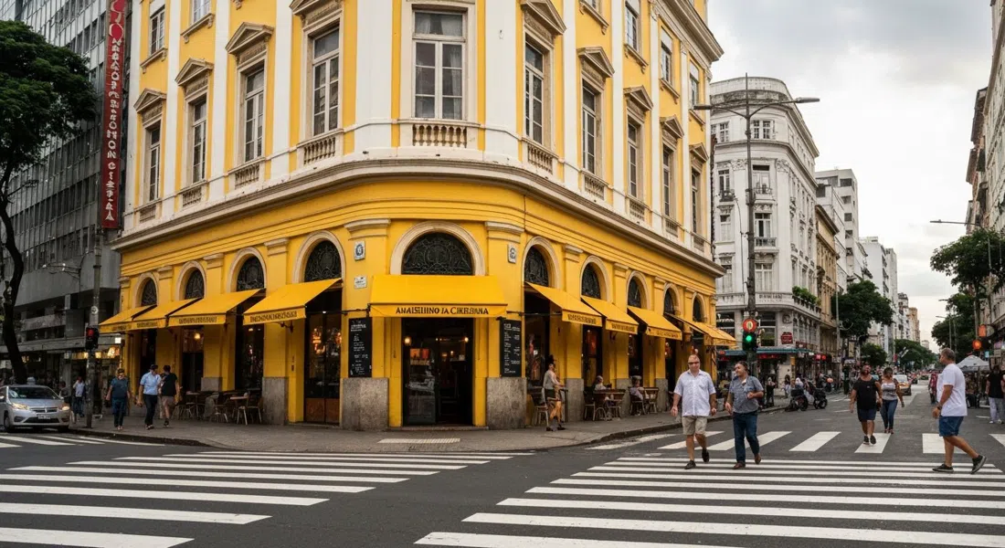 la terraza amarilla de la esquina del Amarelinho da Cinelândia bajo el Theatro Municipal, con chopp helado y peatones cruzando la Praça Floriano al atardecer