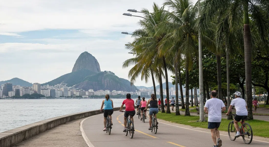 Ciclistas y corredores dominicales en el sendero costero del Aterro do Flamengo, con el Pan de Azúcar visible al otro lado de la bahía de Guanabara y las palmeras de Burle Marx en primer plano