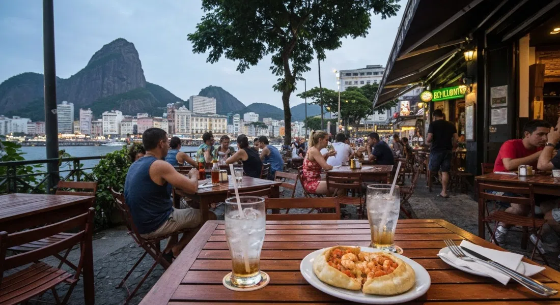 Boteco Belmonte en Praia do Flamengo 300 al atardecer, mesas de terraza llenas de habituales, vasos de chopp helado y la famosa empanada de camarón y catupiry en la mesa