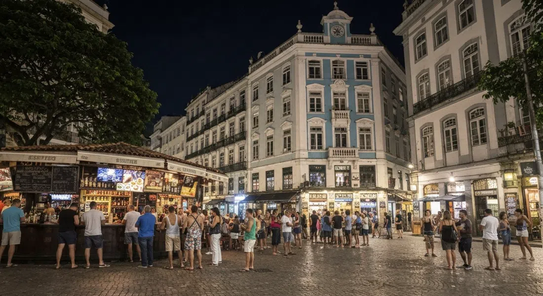 Praça São Salvador de noche, frentes de bares iluminados alrededor de la plaza, gente de pie con caipiriñas mientras una rueda de samba suena al aire libre