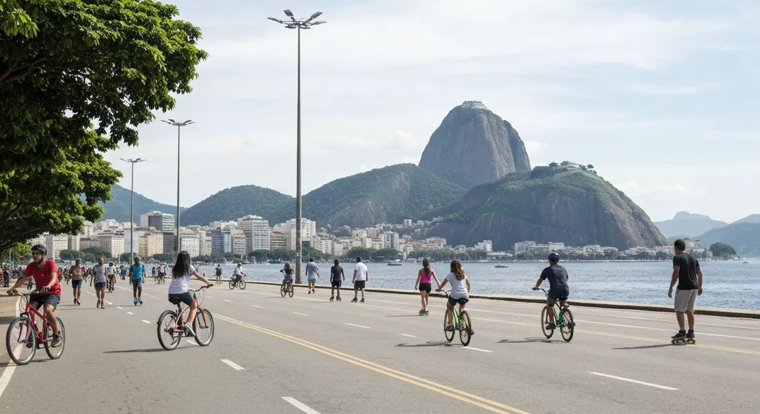 el Aterro do Flamengo en un domingo sin coches, familias en bicis alquiladas y patinadores compartiendo el amplio paseo con el Pan de Azúcar y la bahía al fondo
