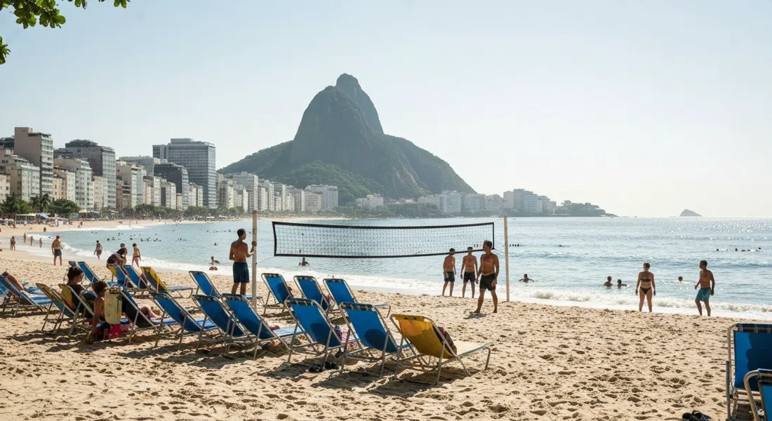 Posto 9 en la playa de Ipanema a media mañana, tumbonas, jugadores de fútbol playero y bañistas bajo el sol radiante de Río con el Atlántico brillando detrás