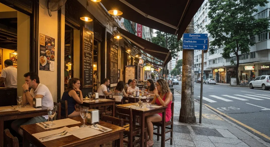 Garota de Ipanema en Rua Vinícius de Moraes al atardecer, mesas de esquina, luz interior cálida y la señal de la calle visible afuera