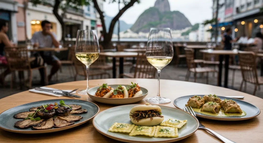 una mesa compartida en Teva con carpaccio de portobello, bao de hiratake y raviolone de tofu-ricota en una mesa animada