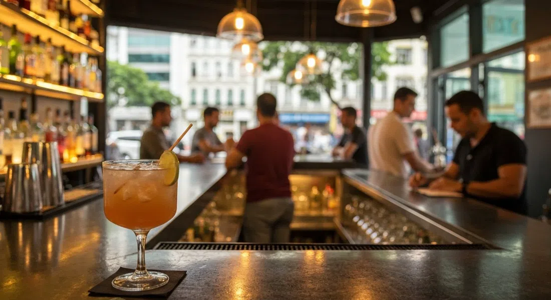 la barra de cócteles en Oti en Rua Barão da Torre, con un Vieux Oti infusionado con dendê y luz cálida y tenue sobre la barra