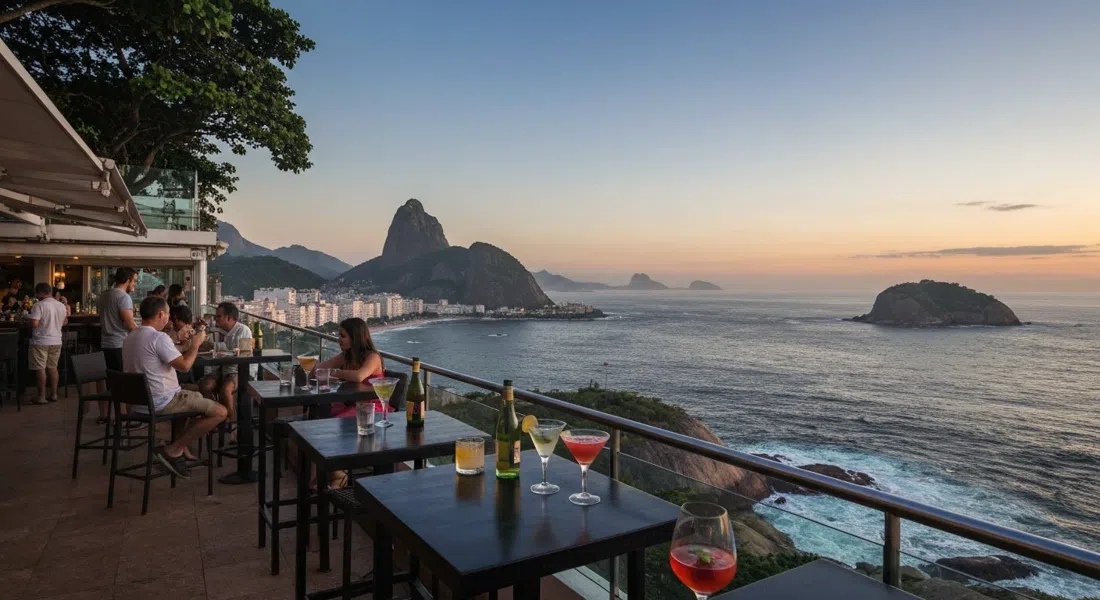 arp bar en el Hotel Arpoador al atardecer, cócteles en la terraza con las rocas de Arpoador y el horizonte atlántico brillando al fondo