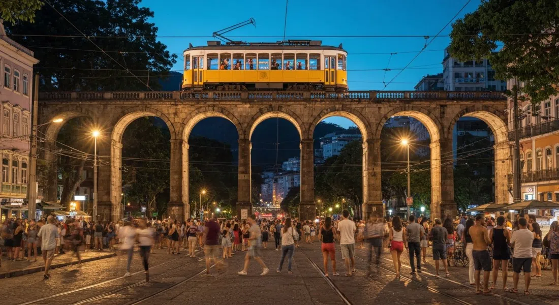 los Arcos da Lapa iluminados de noche, el tranvía amarillo de Santa Teresa cruzando la parte superior del acueducto del siglo XVIII sobre una multitud reunida abajo