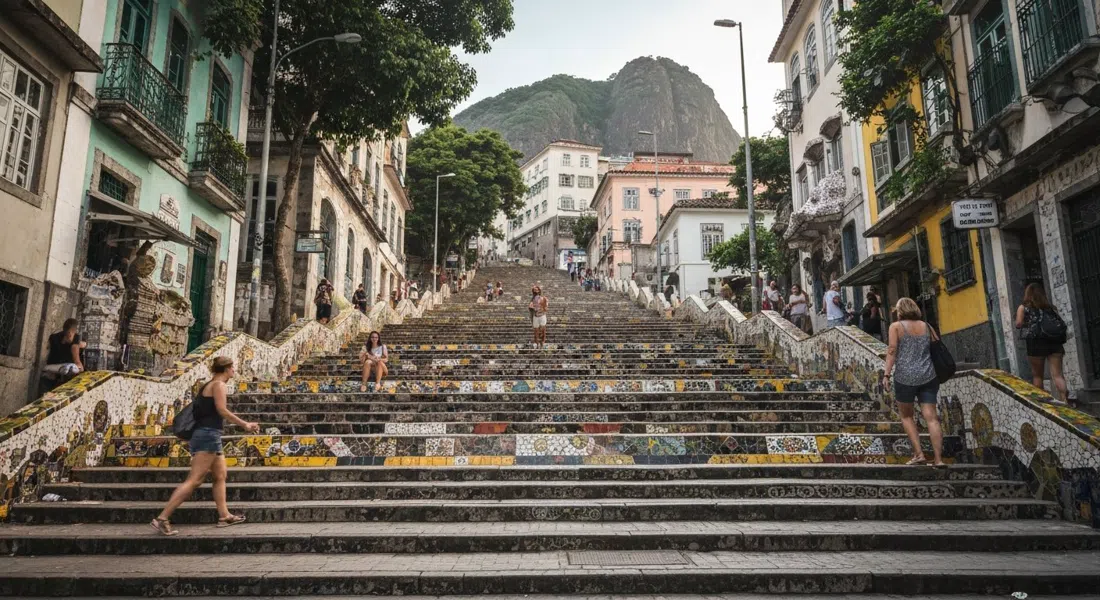 la Escadaria Selarón con la luz del atardecer, sus brillantes mosaicos trepando abruptamente hacia Santa Teresa con algunos visitantes en los escalones