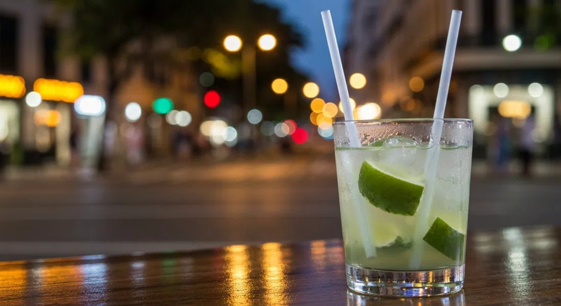 una caipiriña hecha con cachaça artesanal en el Bar da Cachaça en la Avenida Mem de Sá, condensación en el vaso y luces de la calle reflejadas al fondo