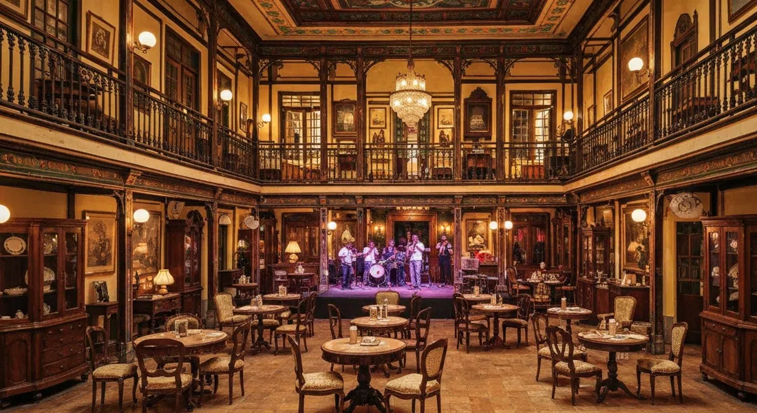 el interior de Rio Scenarium, tres plantas de salas llenas de antigüedades con muebles vintage, luz de lámpara cálida y una banda de samba en vivo en el escenario