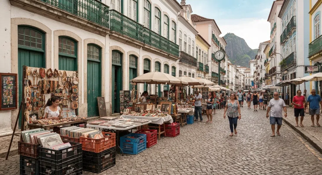 Feira do Rio Antigo en la Rua do Lavradio durante el día, puestos de antigüedades, cajas de vinilos, mesas de artesanía y una roda de samba vespertina bajo edificios coloniales restaurados