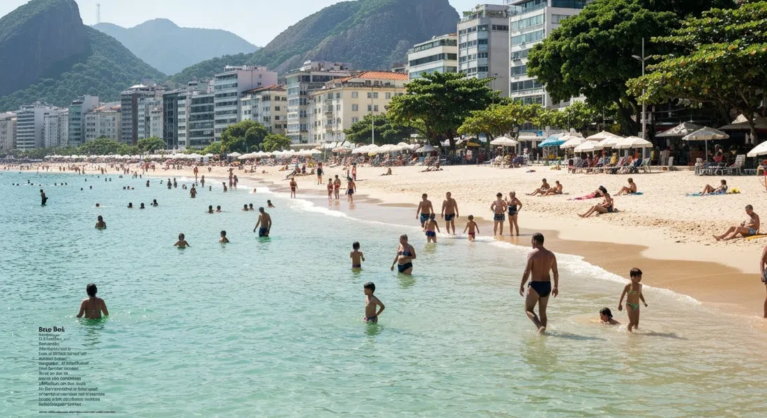 Baixo Bebê cerca del Posto 12 en Praia do Leblon, agua verde poco profunda bajo una suave sombra, familias y una orilla apta para niños pequeños al mediodía