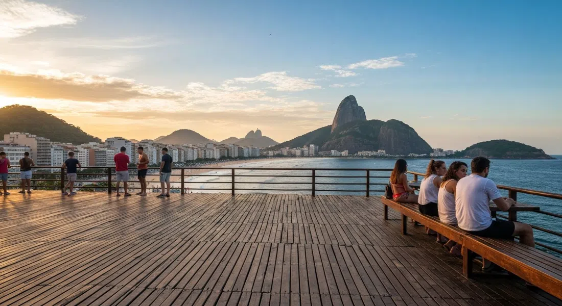 la plataforma de madera del Mirante do Leblon a la hora dorada, con vistas a la curva de la Praia do Leblon hacia Ipanema y los picos gemelos del Morro Dois Irmãos
