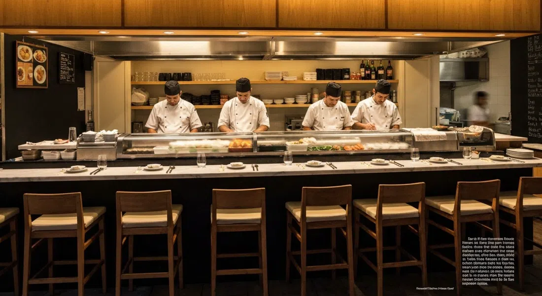 Sushi Leblon en Rua Dias Ferreira, íntimo mostrador de sushi con chefs trabajando bajo una cálida luz vespertina y ambiente de comedor compacto