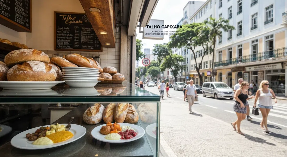 Mostrador de panadería Talho Capixaba en Avenida Ataulfo de Paiva, panes de larga fermentación y platos de brunch tras el cristal con luz matutina brillante