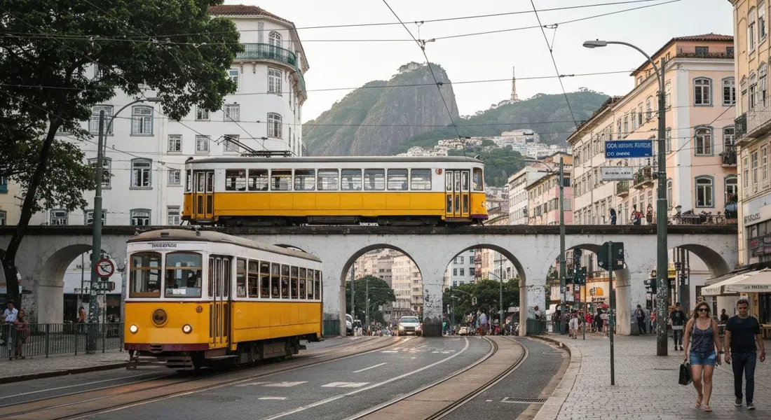 el tranvía amarillo Bonde de Santa Teresa cruzando el acueducto de Arcos da Lapa a la luz de la mañana, con los arcos blancos abajo y la colina elevándose al frente