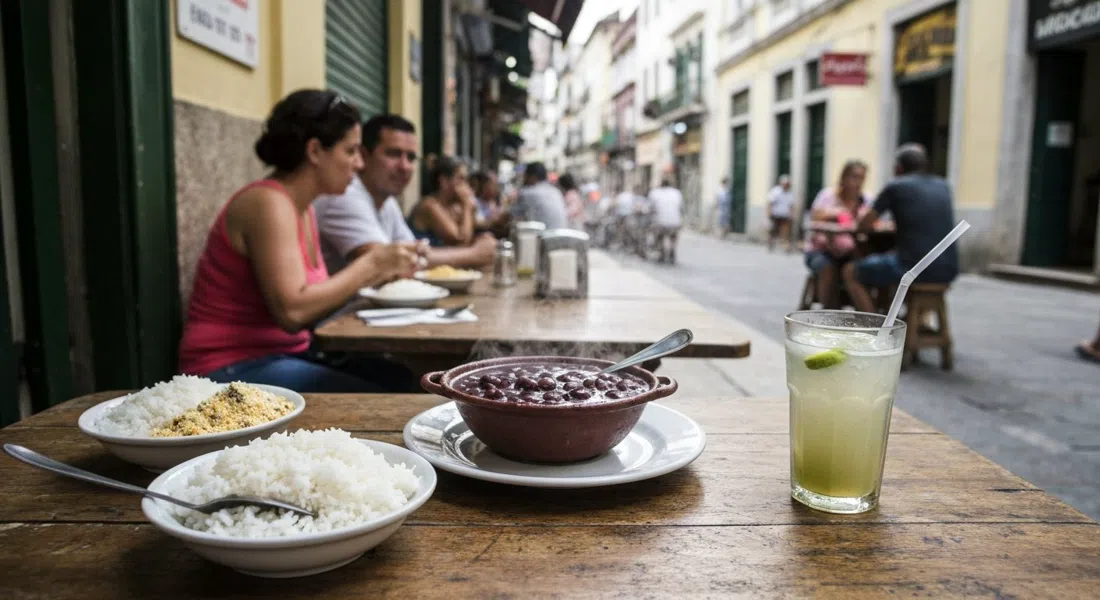 una mesa de almuerzo abarrotada en Bar do Mineiro con una humeante feijoada completa, cuencos de arroz y farofa, y una caipirinha sobre una mesa de madera desgastada