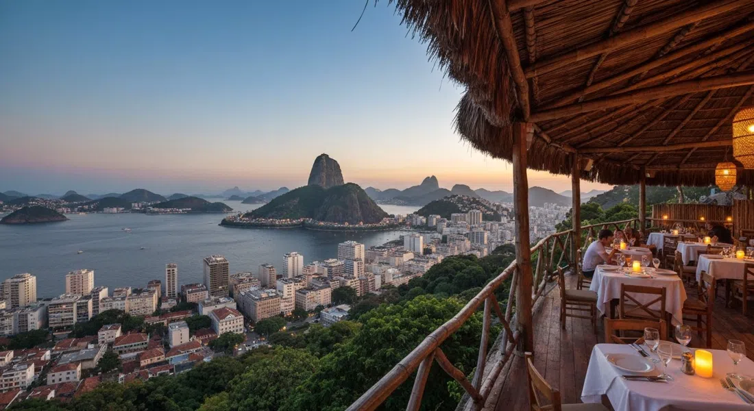la terraza en la cima de la colina de Aprazível al atardecer, con velas en la mesa, techo de paja, y Centro y la Bahía de Guanabara extendidos abajo