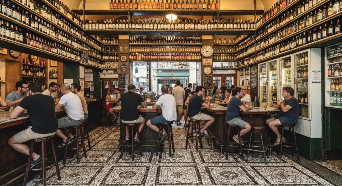el interior de suelo de mosaico de Armazém São Thiago (Bar do Gomez), con botellas apiladas hasta el techo y una multitud de fin de semana animada con caipirinhas