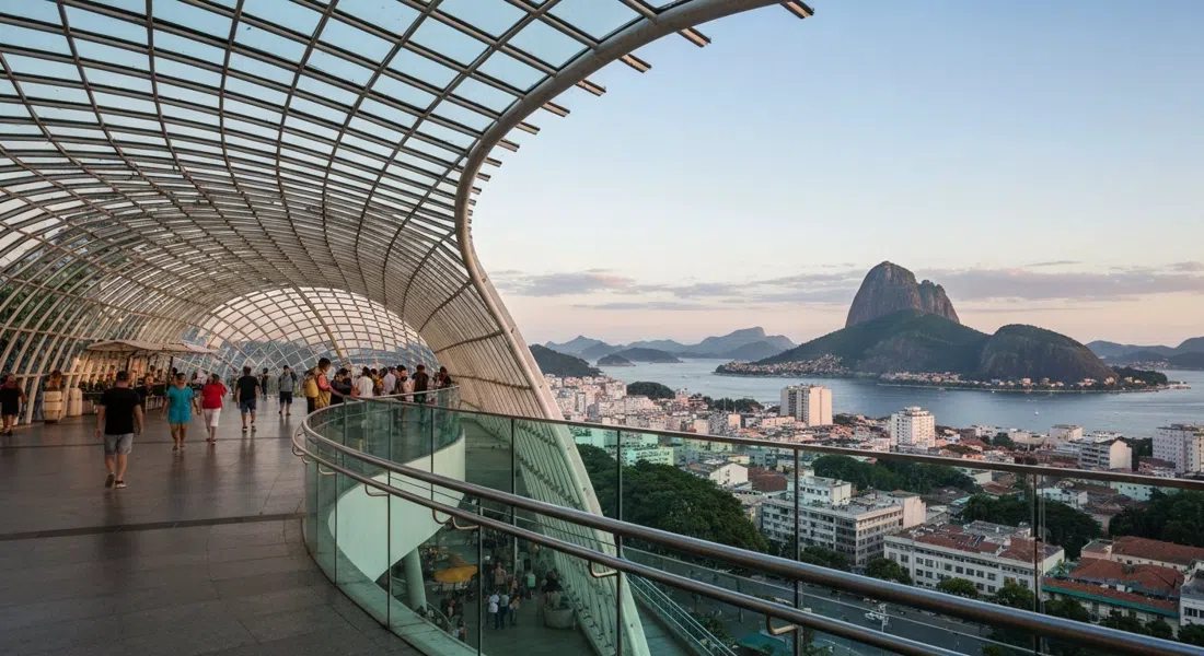 el esqueleto sin techo y las pasarelas de vidrio de Parque das Ruínas, con una amplia terraza con vista a Centro y la Bahía de Guanabara en la luz de la tarde