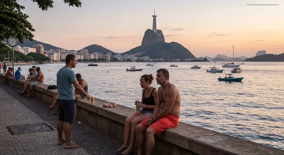 la Mureta da Urca al atardecer en Rua Cândido Gaffrée, locales sentados en el muro del malecón con vasos de chopp, botes en la bahía de Guanabara y el Cristo Redentor al otro lado del agua