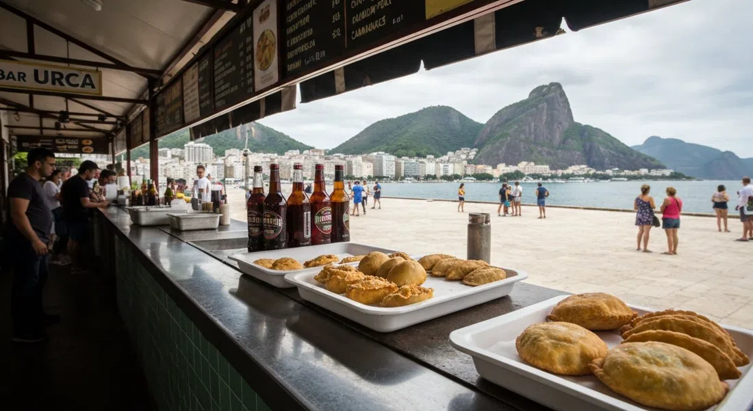 una barra en Bar Urca con chopp helado, pastel de camarão y empada de camarão listos para llevar al malecón