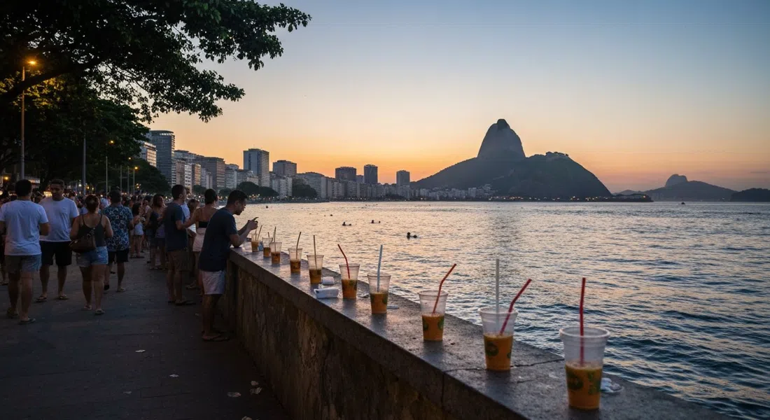 multitud al atardecer en la Mureta da Urca, vasos de chopp de plástico en el malecón, silueta del Pan de Azúcar y luces de la ciudad empezando a brillar sobre la ensenada de Botafogo