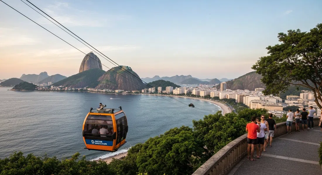 el teleférico Bondinho saliendo de Praia Vermelha al atardecer, con la bahía de Guanabara abajo y las laderas de granito del Pan de Azúcar llenando el encuadre