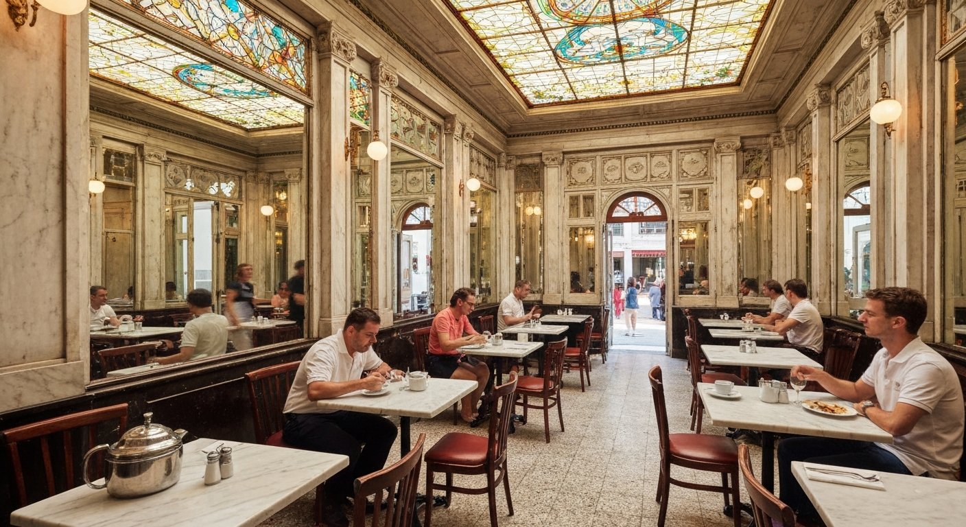 the marble-and-jacaranda dining room of Confeitaria Colombo, with mirrored walls, stained-glass skylight and coffee service at mid-morning