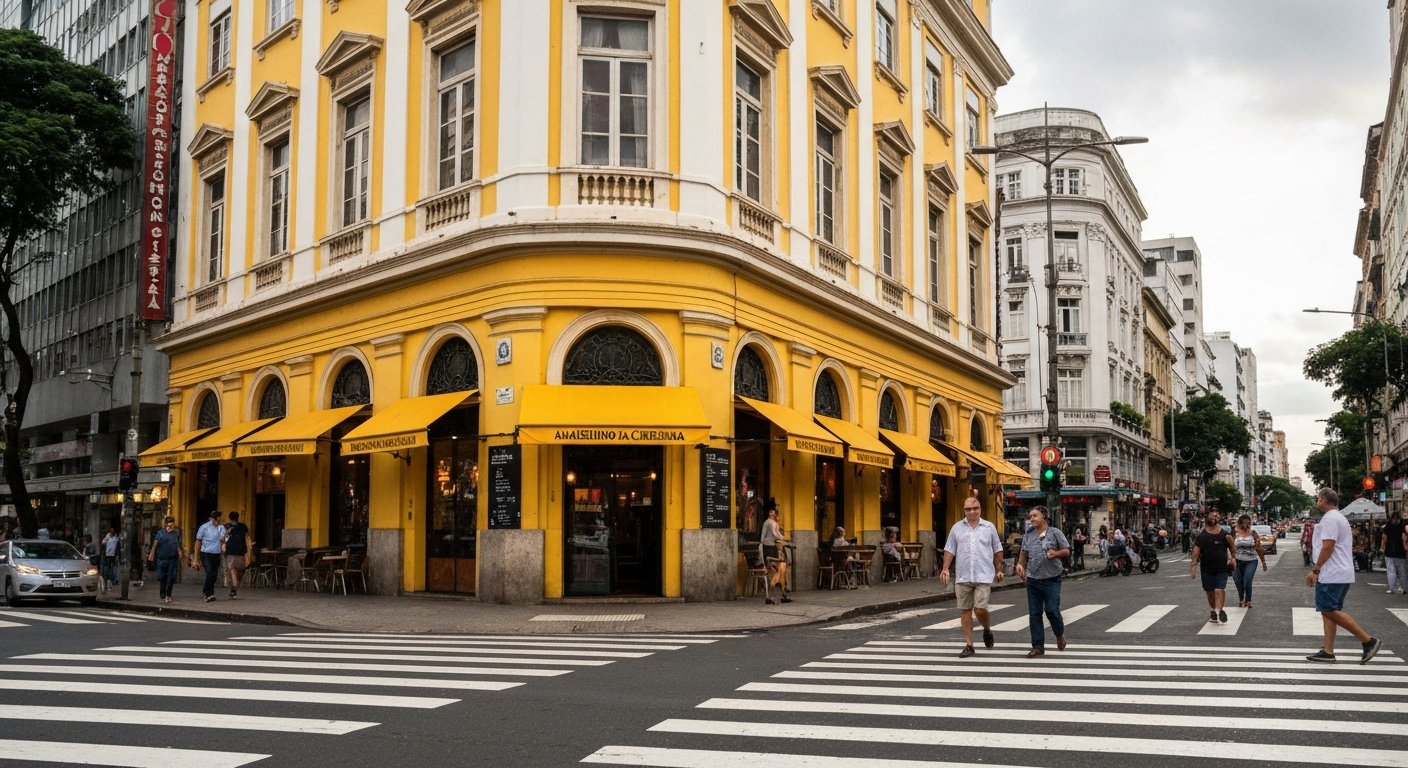 the yellow corner terrace of Amarelinho da Cinelândia under the Theatro Municipal, with cold chopp and pedestrians crossing Praça Floriano at late afternoon