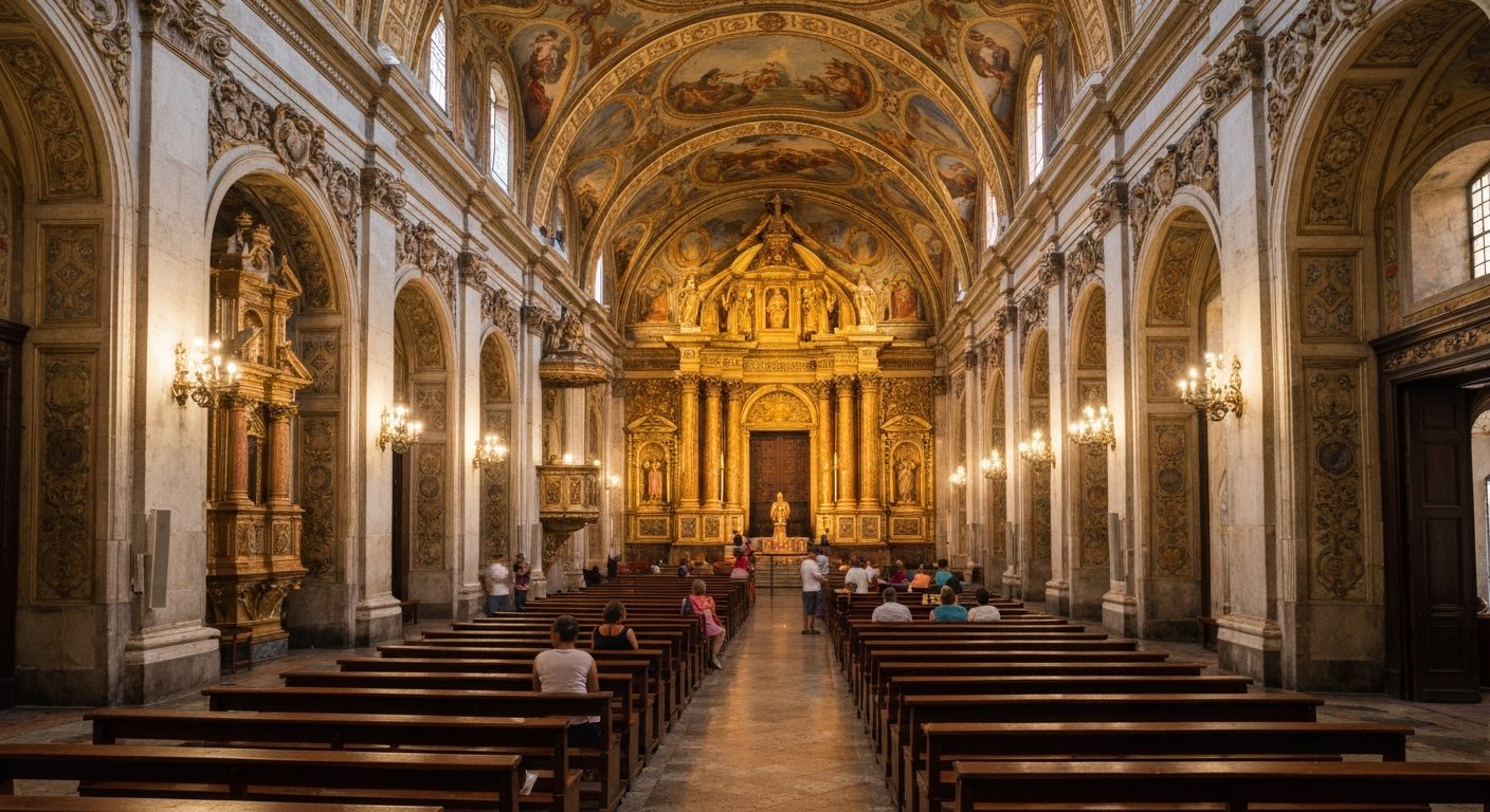 the ornate gilded interior of Igreja de São Francisco da Penitência, with the painted ceiling glowing above the nave